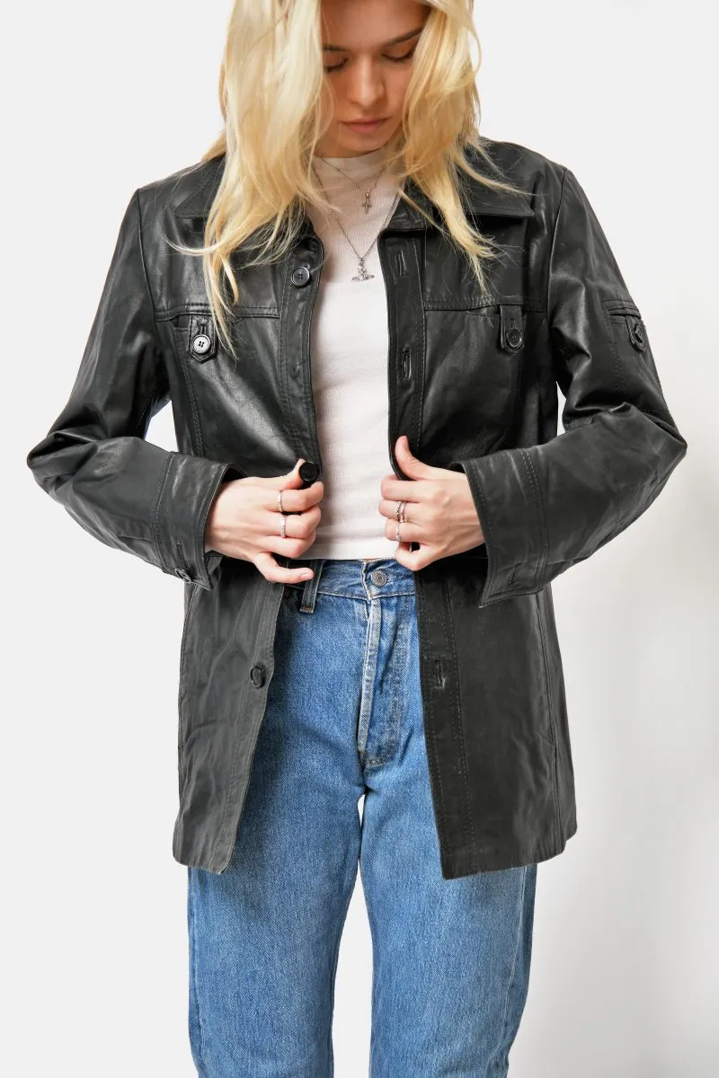 Retro 90s leather mid long coat