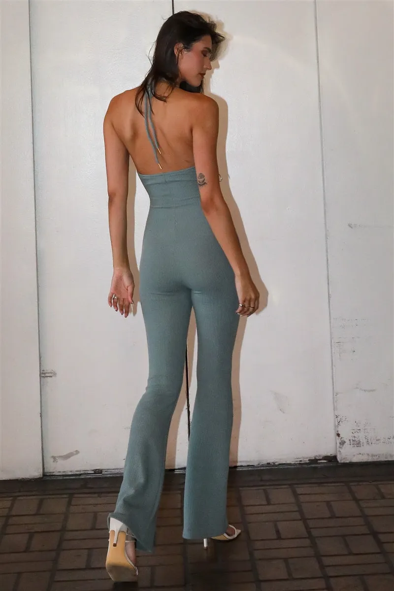 Ribbed Lace Up Jumpsuit - Sage