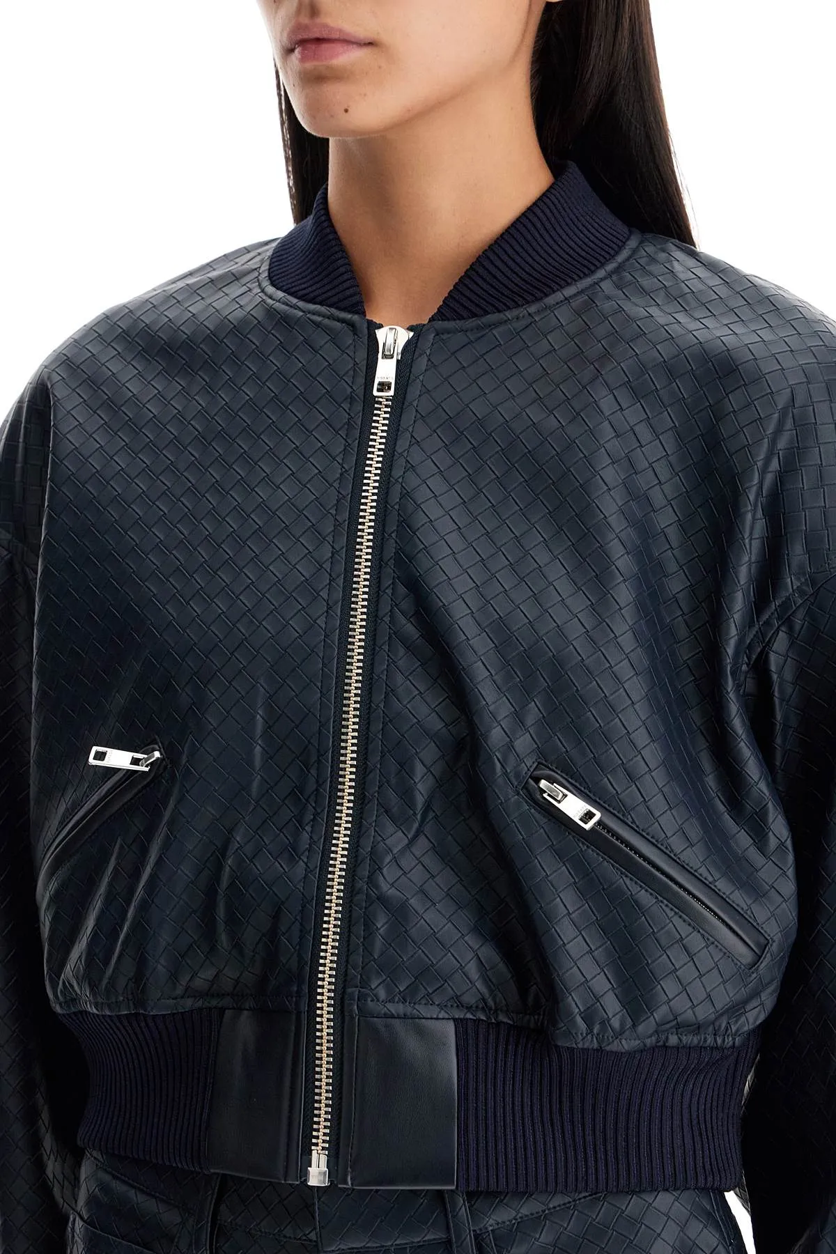 Rotate Cropped Bomber Jacket With Braided   Blue