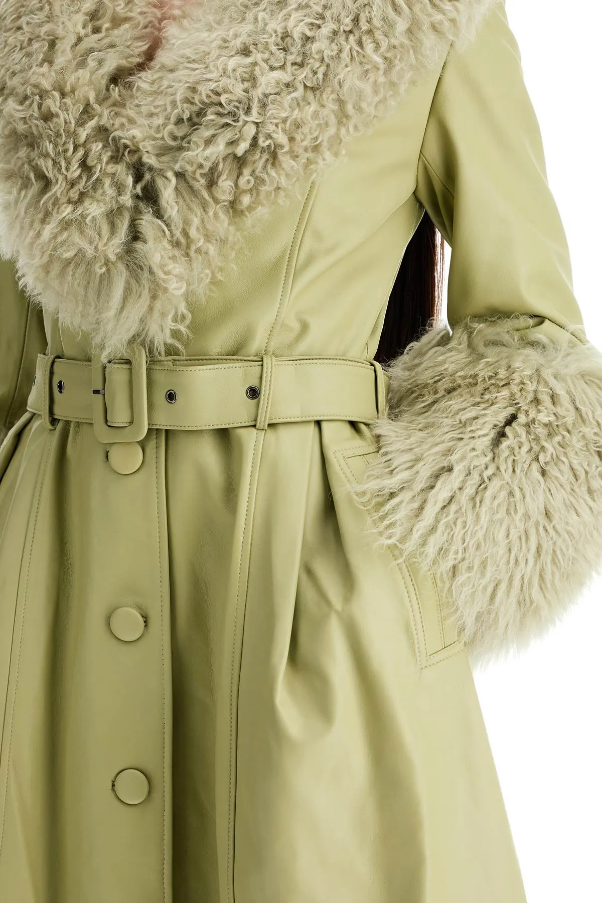 Saks Potts Foxy Leather And Shearling Long Coat   Green