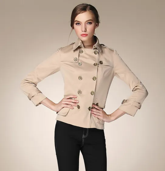 Short Trench Coat for Women with Double Breast Button Closure