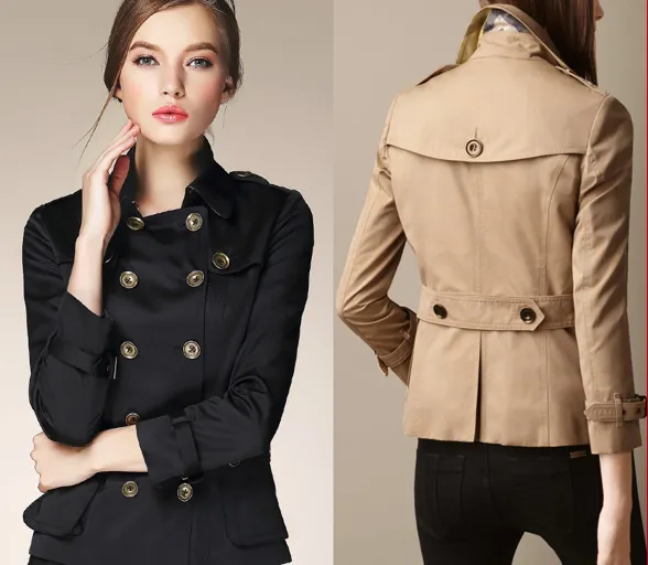 Short Trench Coat for Women with Double Breast Button Closure