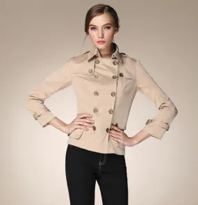 Short Trench Coat for Women with Double Breast Button Closure