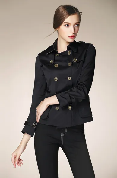 Short Trench Coat for Women with Double Breast Button Closure