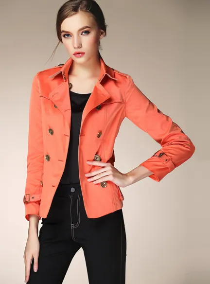 Short Trench Coat for Women with Double Breast Button Closure