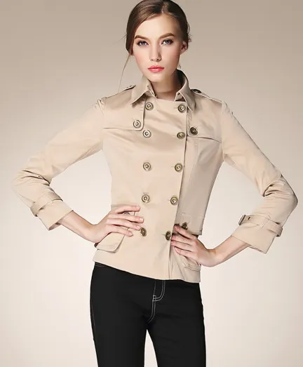 Short Trench Coat for Women with Double Breast Button Closure