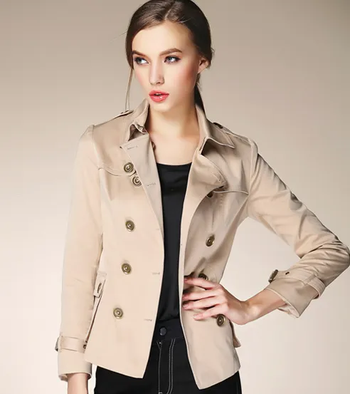 Short Trench Coat for Women with Double Breast Button Closure