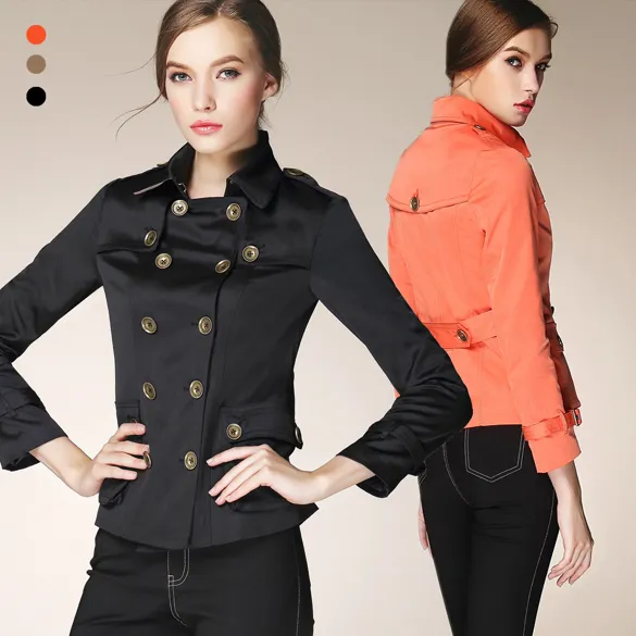 Short Trench Coat for Women with Double Breast Button Closure