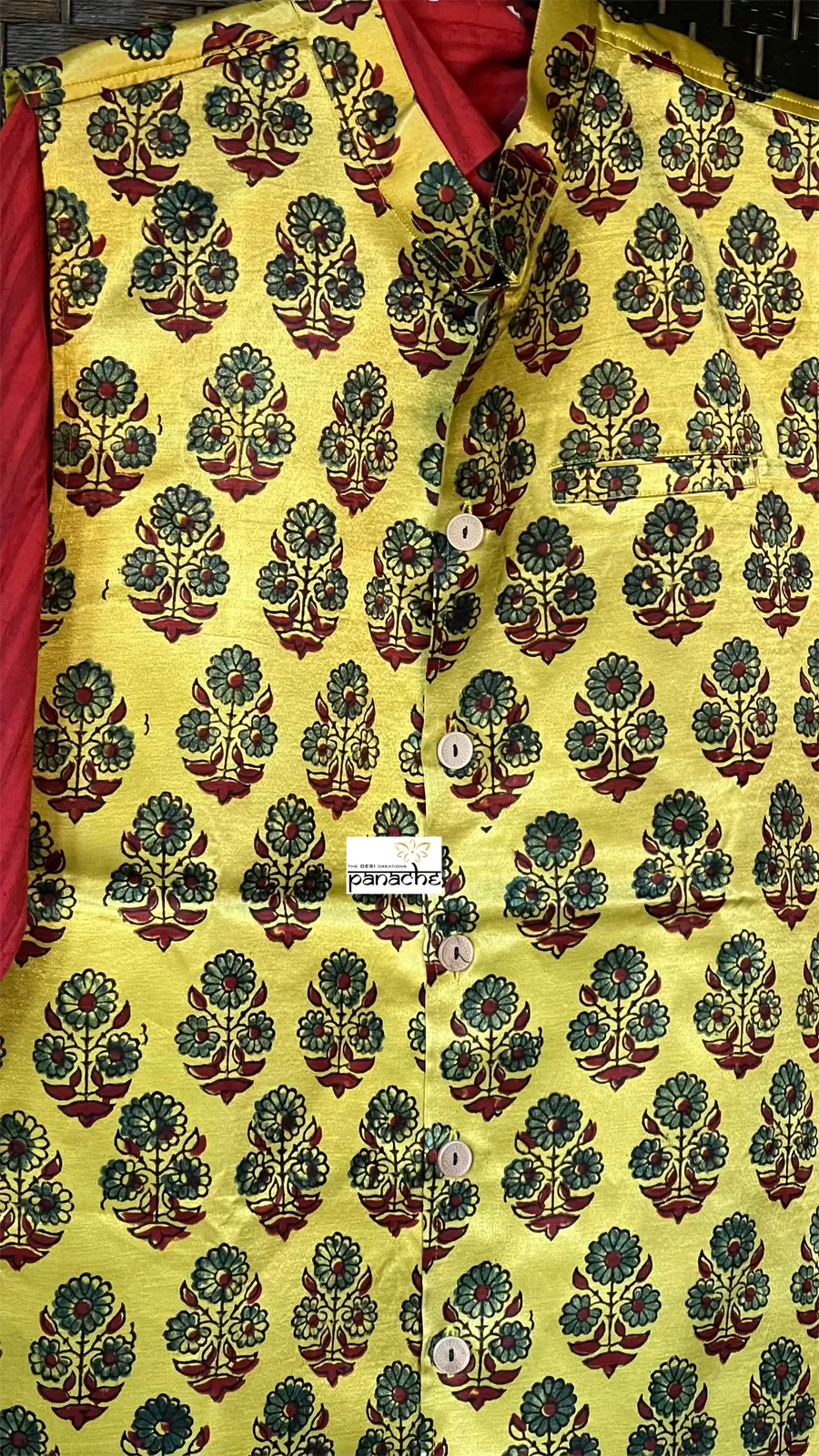 Silk Ajrakh Waist Jacket/Coat Men - Yellow Green Maroon XL 42