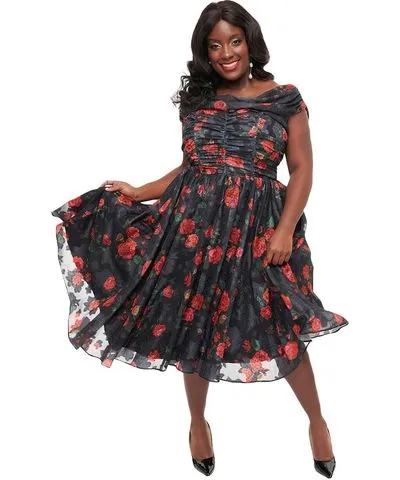 Unique Vintage Plus Size Off The Shoulder Ruffle Cocktail Dress