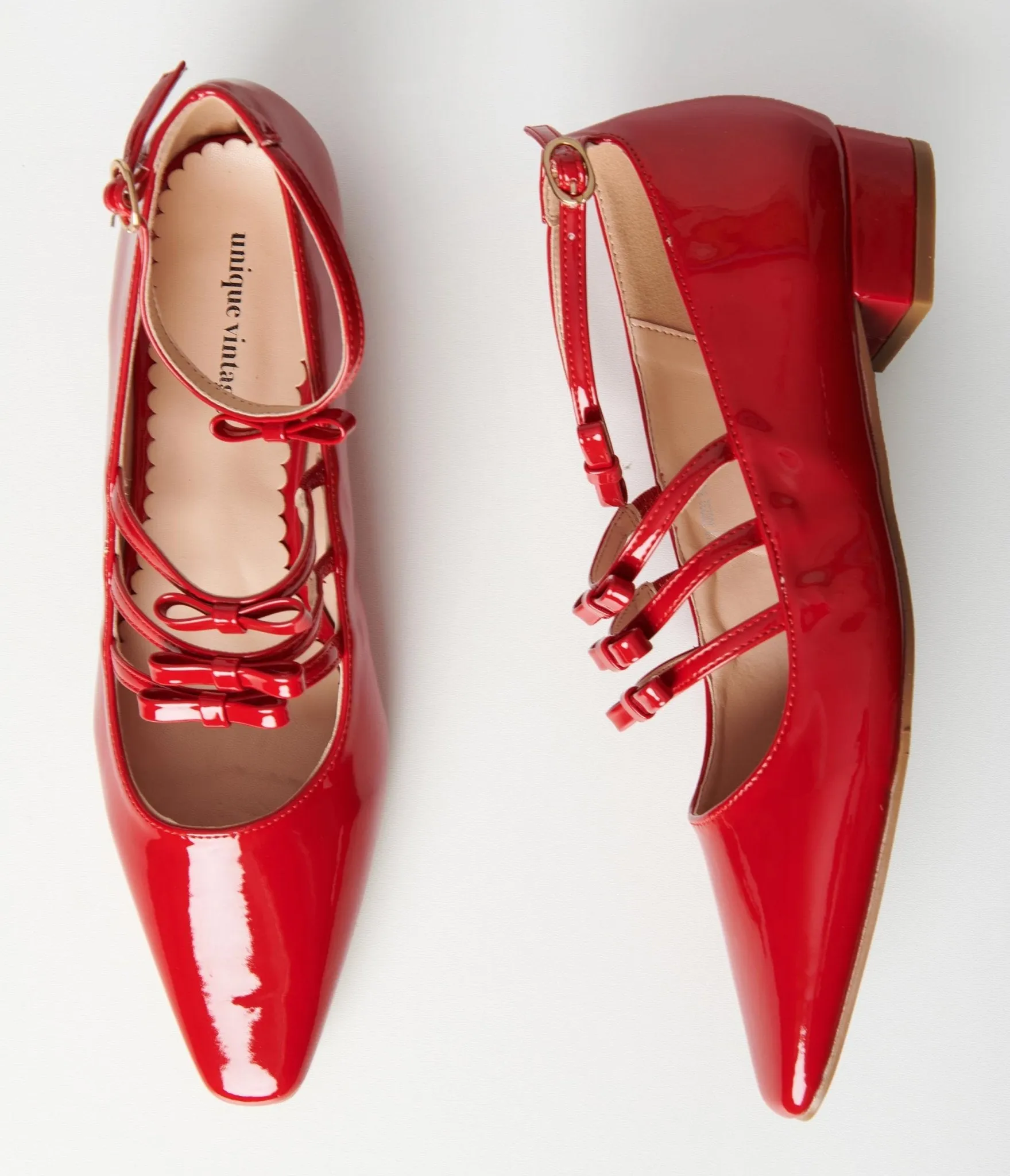 Unique Vintage Red Patent Strappy Bow Mary Jane Shoes