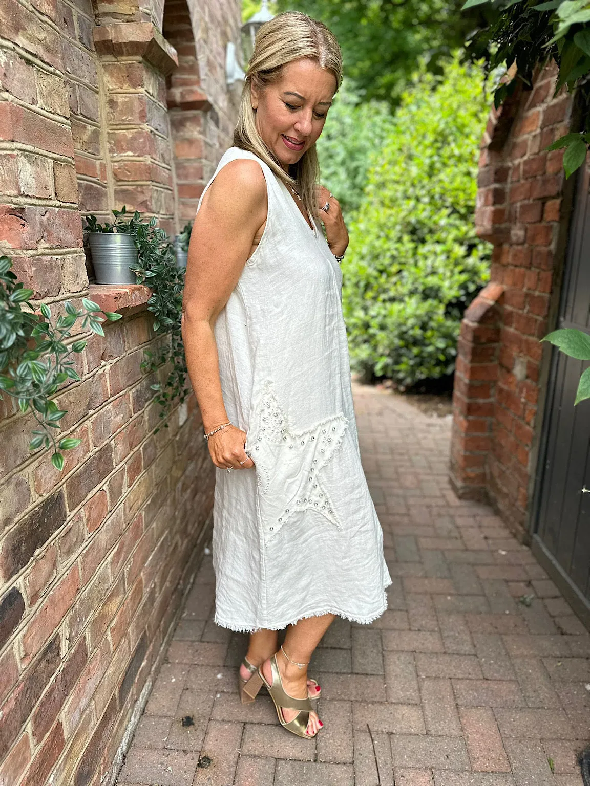 Vanilla Diamante Linen Raw Edge Star Dress Jackie