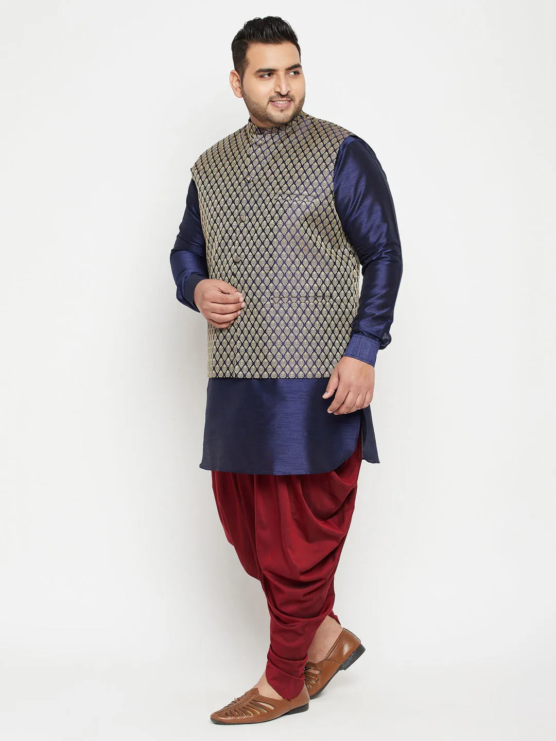 VASTRAMAY Men's Plus Size Navy Blue and Maroon Silk Blend Jacket Kurta Dhoti Pant Set