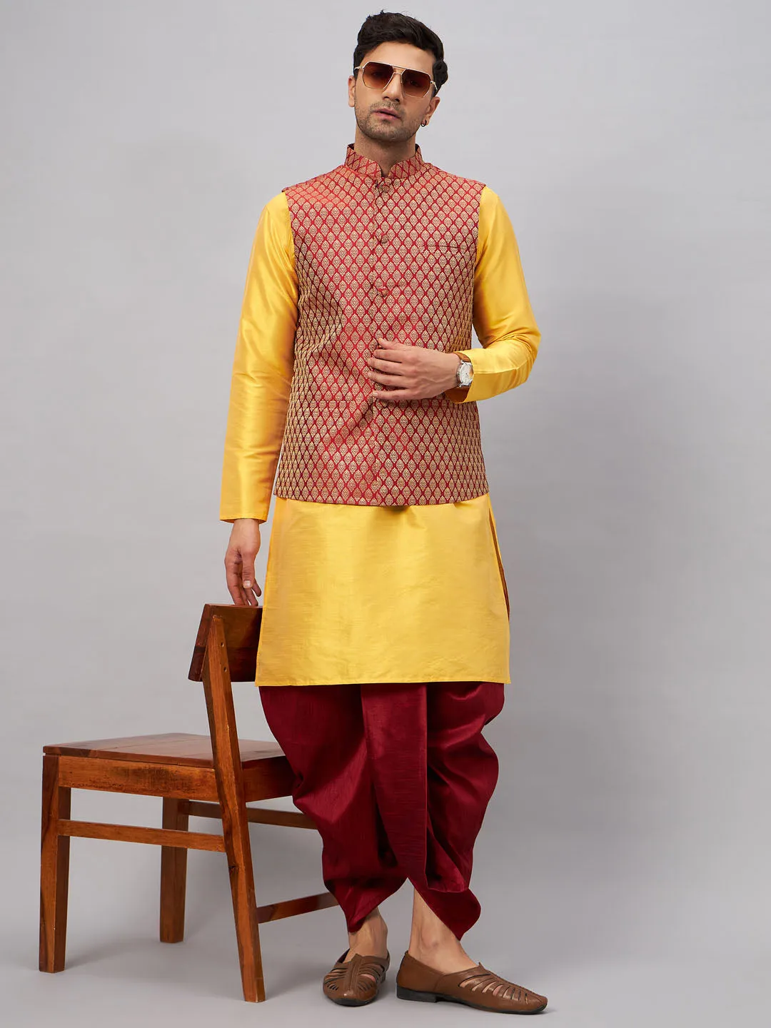 VM BY VASTRAMAY Men's Maroon Woven Ethnic Jacket, Yellow Kurta and Maroon Dhoti Pant Set