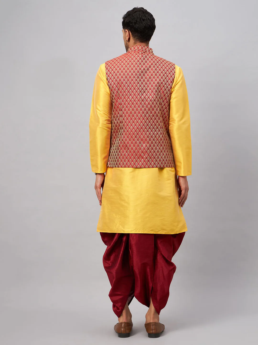 VM BY VASTRAMAY Men's Maroon Woven Ethnic Jacket, Yellow Kurta and Maroon Dhoti Pant Set