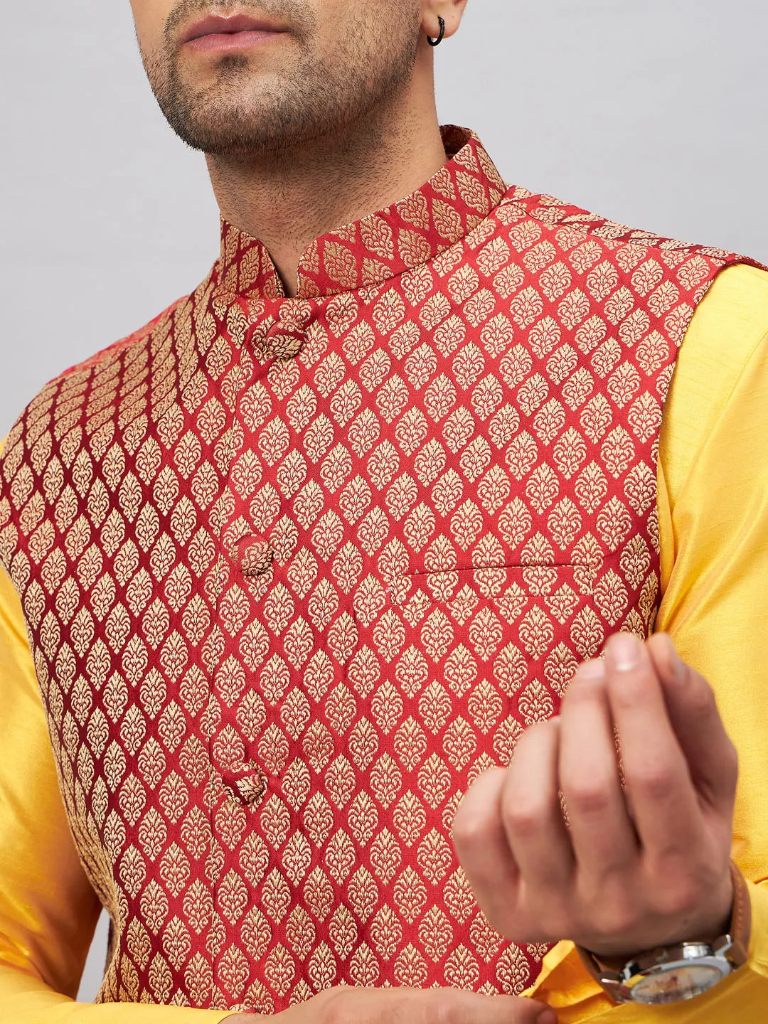 VM BY VASTRAMAY Men's Maroon Woven Ethnic Jacket, Yellow Kurta and Maroon Dhoti Pant Set