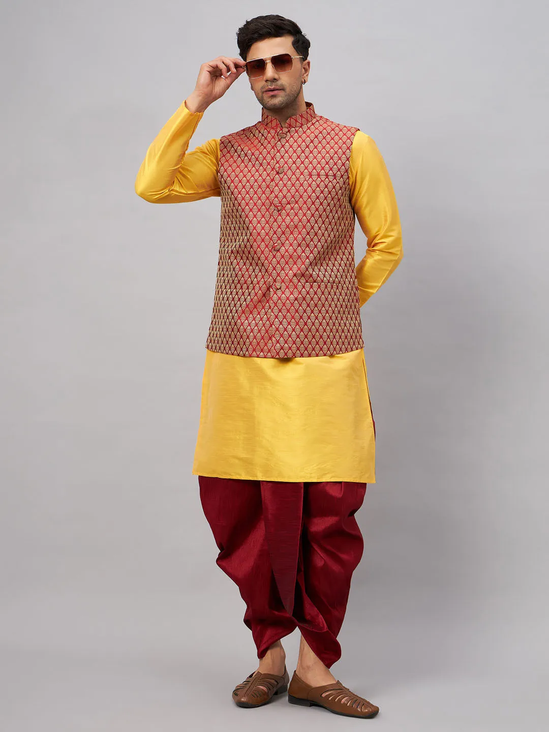 VM BY VASTRAMAY Men's Maroon Woven Ethnic Jacket, Yellow Kurta and Maroon Dhoti Pant Set