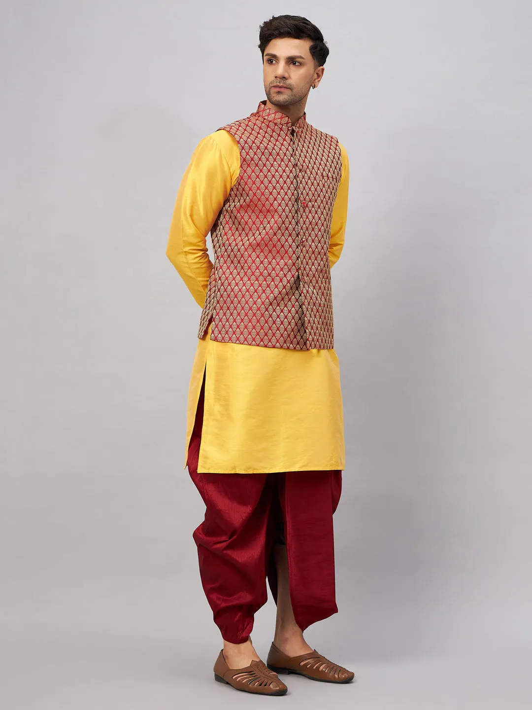 VM BY VASTRAMAY Men's Maroon Woven Ethnic Jacket, Yellow Kurta and Maroon Dhoti Pant Set