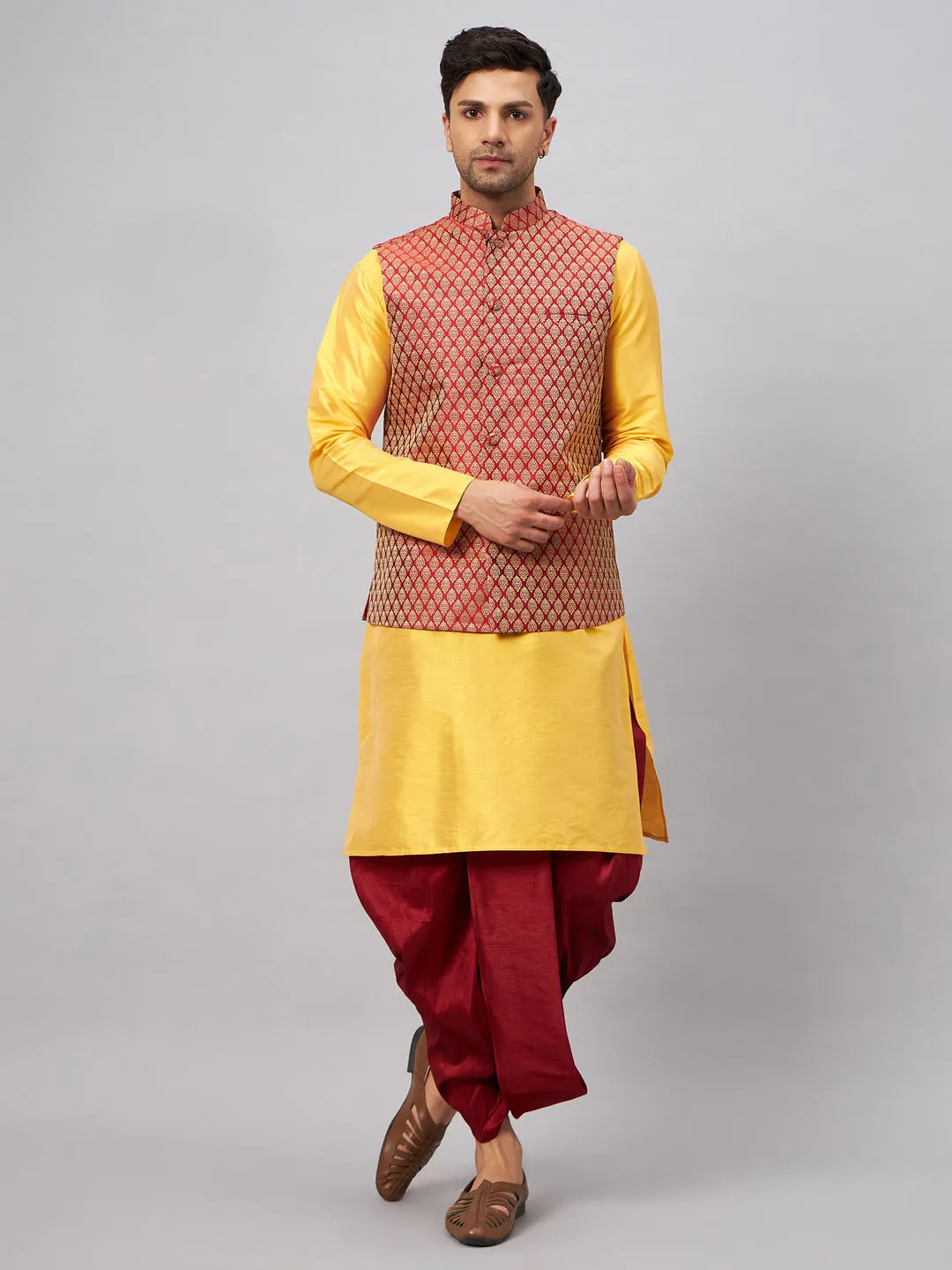 VM BY VASTRAMAY Men's Maroon Woven Ethnic Jacket, Yellow Kurta and Maroon Dhoti Pant Set