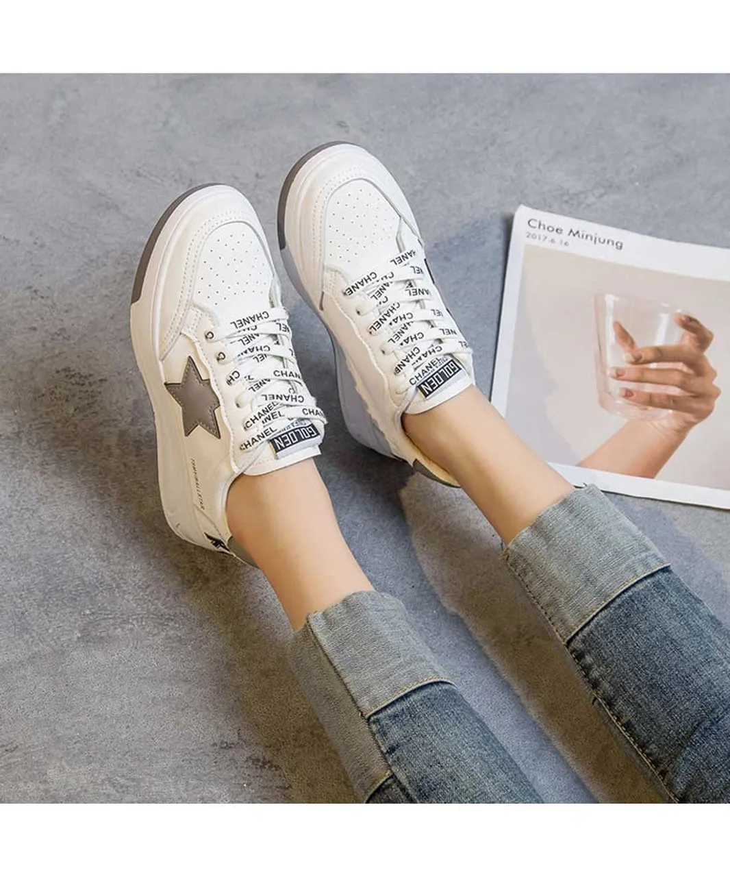 White grey star letter print shoe sneaker