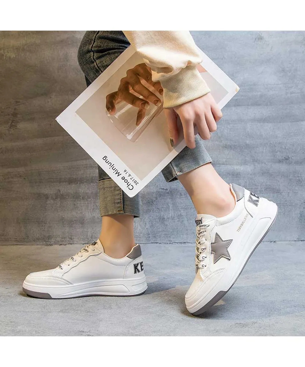 White grey star letter print shoe sneaker