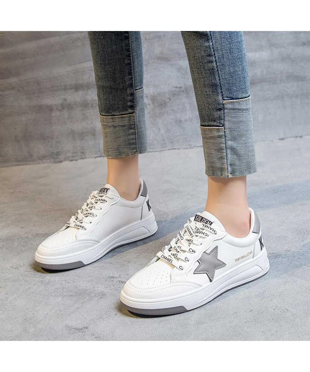 White grey star letter print shoe sneaker