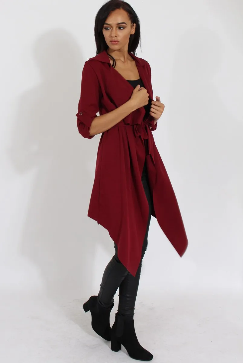 Wine Belted Waterfall Duster Jacket - Aisla