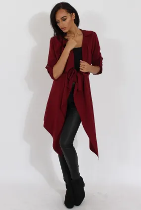 Wine Belted Waterfall Duster Jacket - Aisla