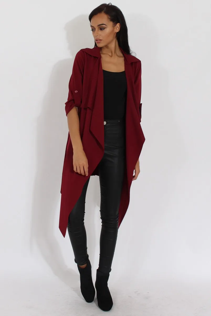 Wine Belted Waterfall Duster Jacket - Aisla