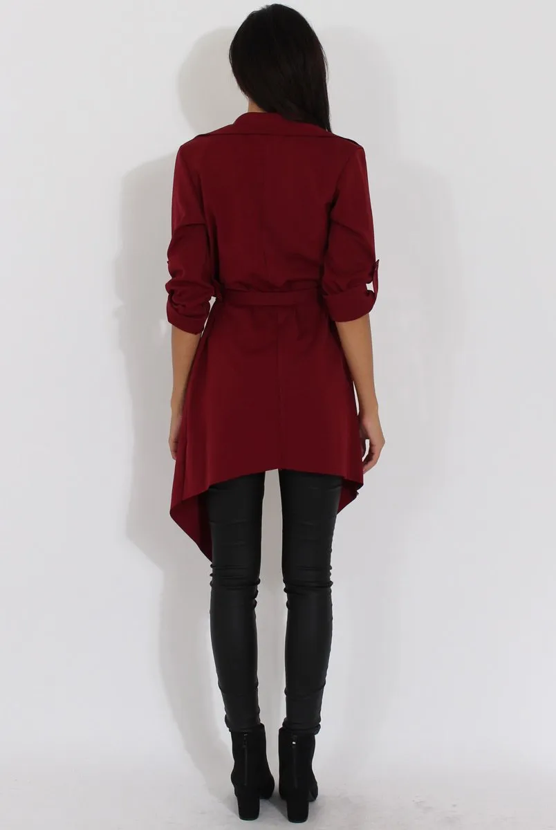 Wine Belted Waterfall Duster Jacket - Aisla