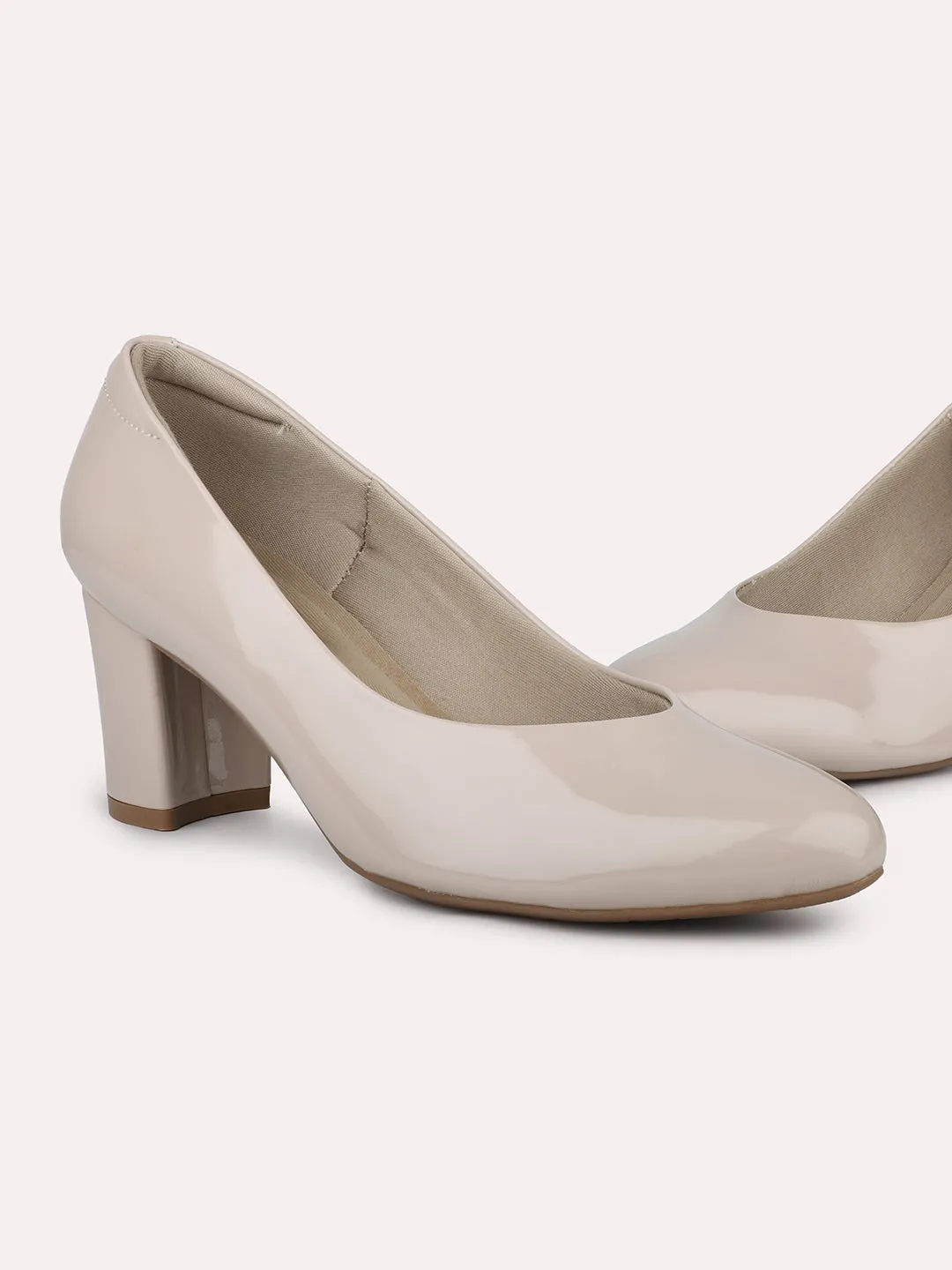 Women Beige Pointed Toe Block Heel Pumps