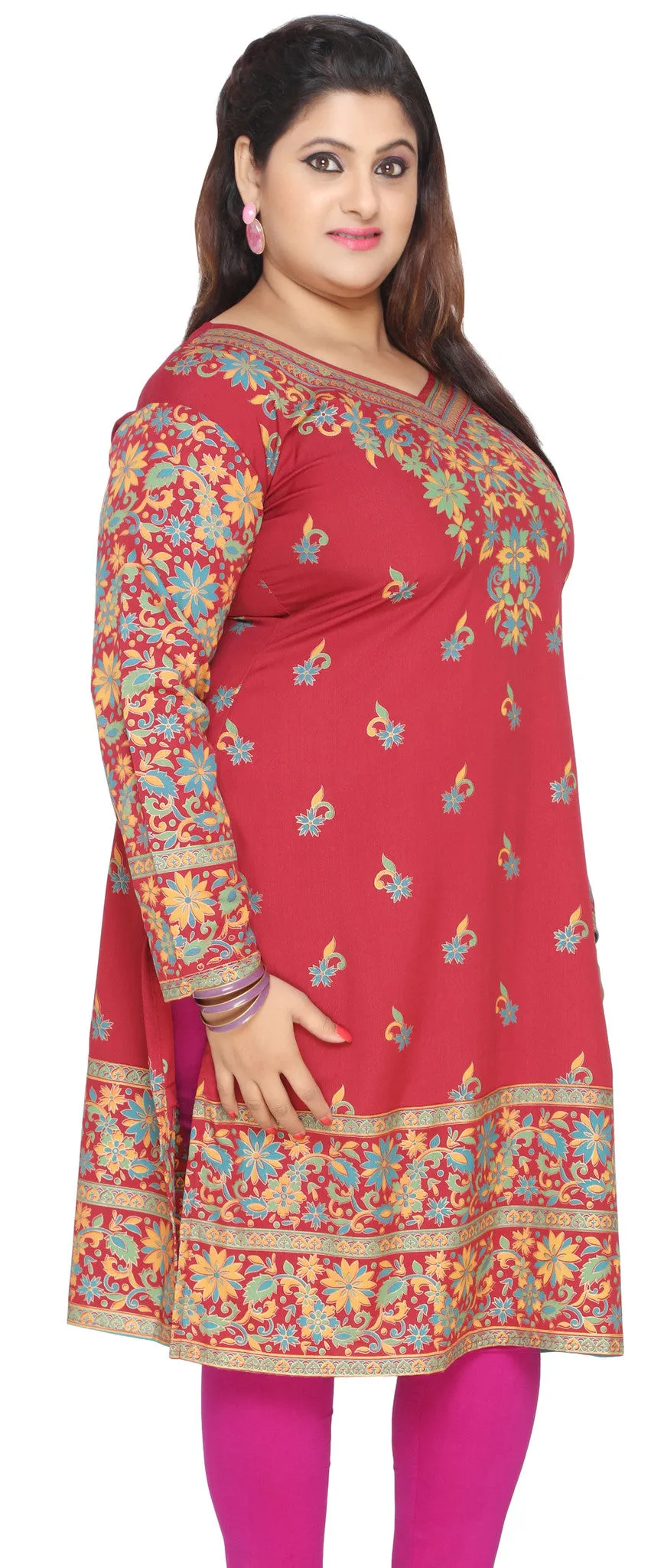 Womens Indian Tunics Kurti Long Top Plus Size Apparel (Red)