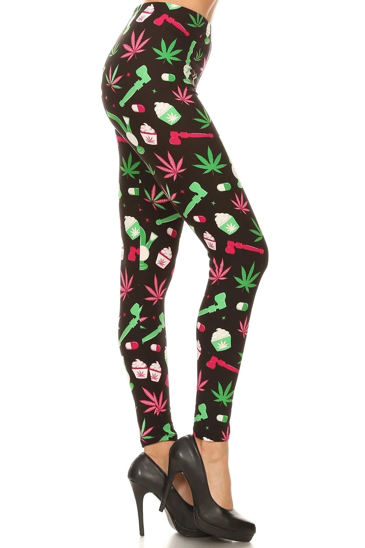 Women's Plus Green Leaf Cannabis Pattern Printed Leggings