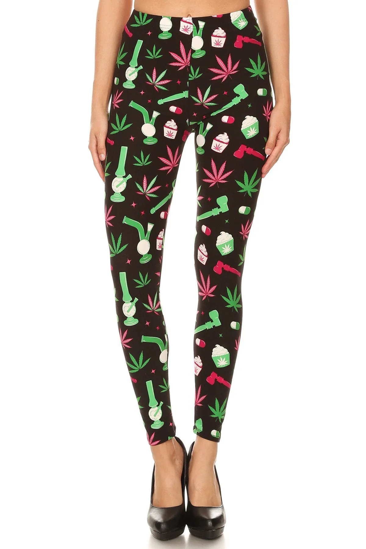 Women's Plus Green Leaf Cannabis Pattern Printed Leggings