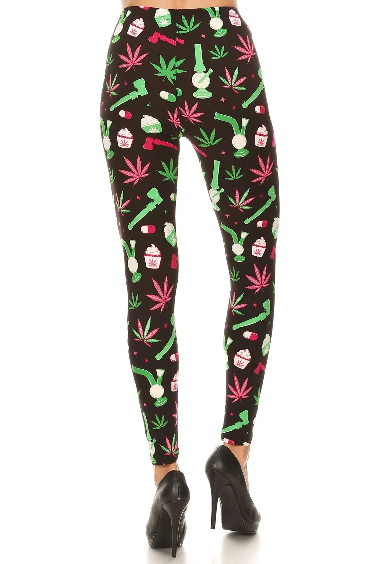 Women's Plus Green Leaf Cannabis Pattern Printed Leggings