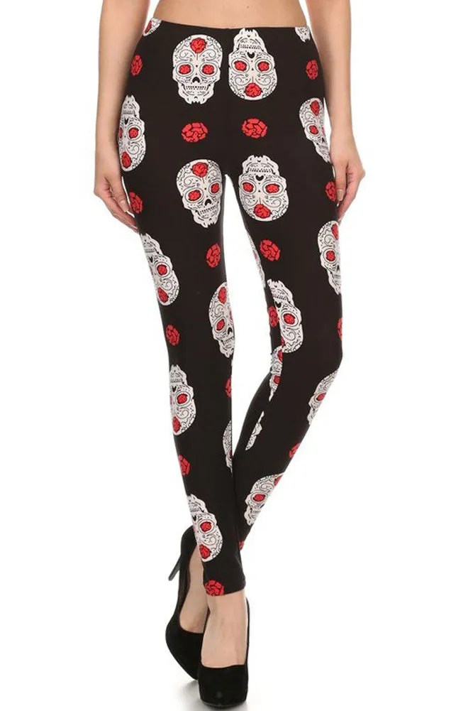 Women's Plus Skull Heads Rose Pattern Printed Leggings