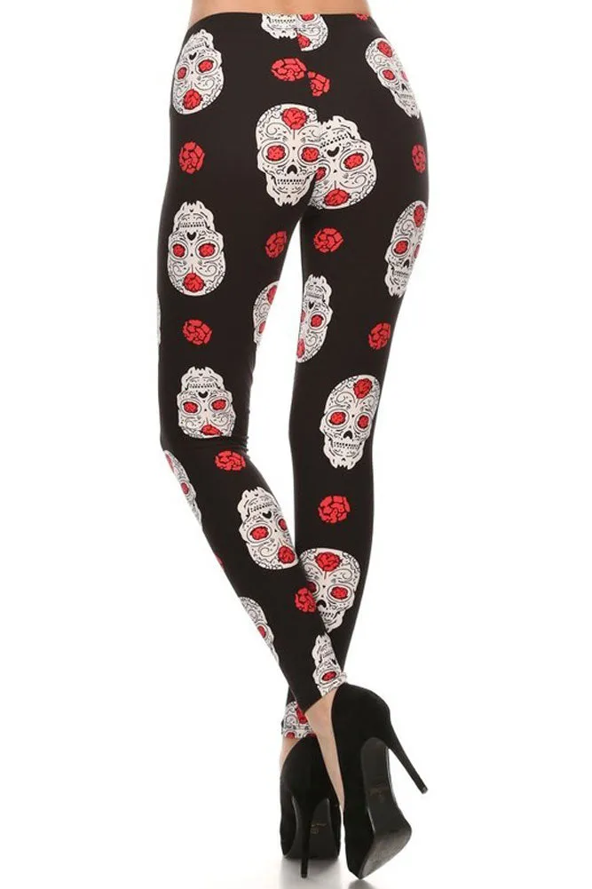 Women's Plus Skull Heads Rose Pattern Printed Leggings