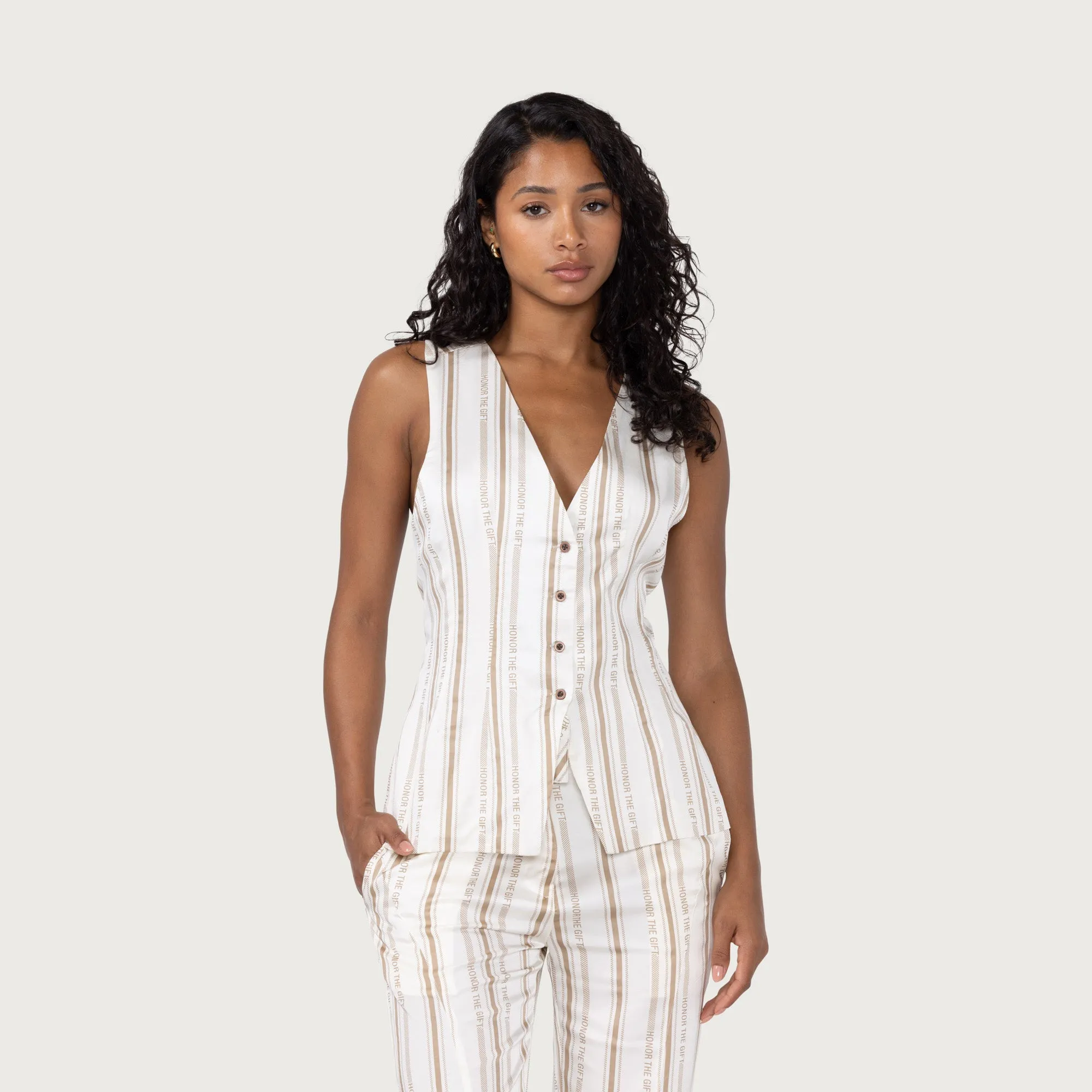 Womens Satin Vest - Bone Stripe