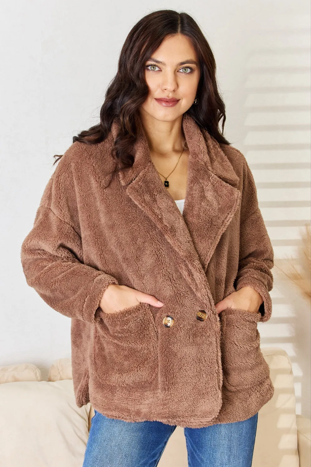 Women's Stylish Double Breasted Fuzzy Coat - Trendy and Warm Winter Outerwear for Ladies