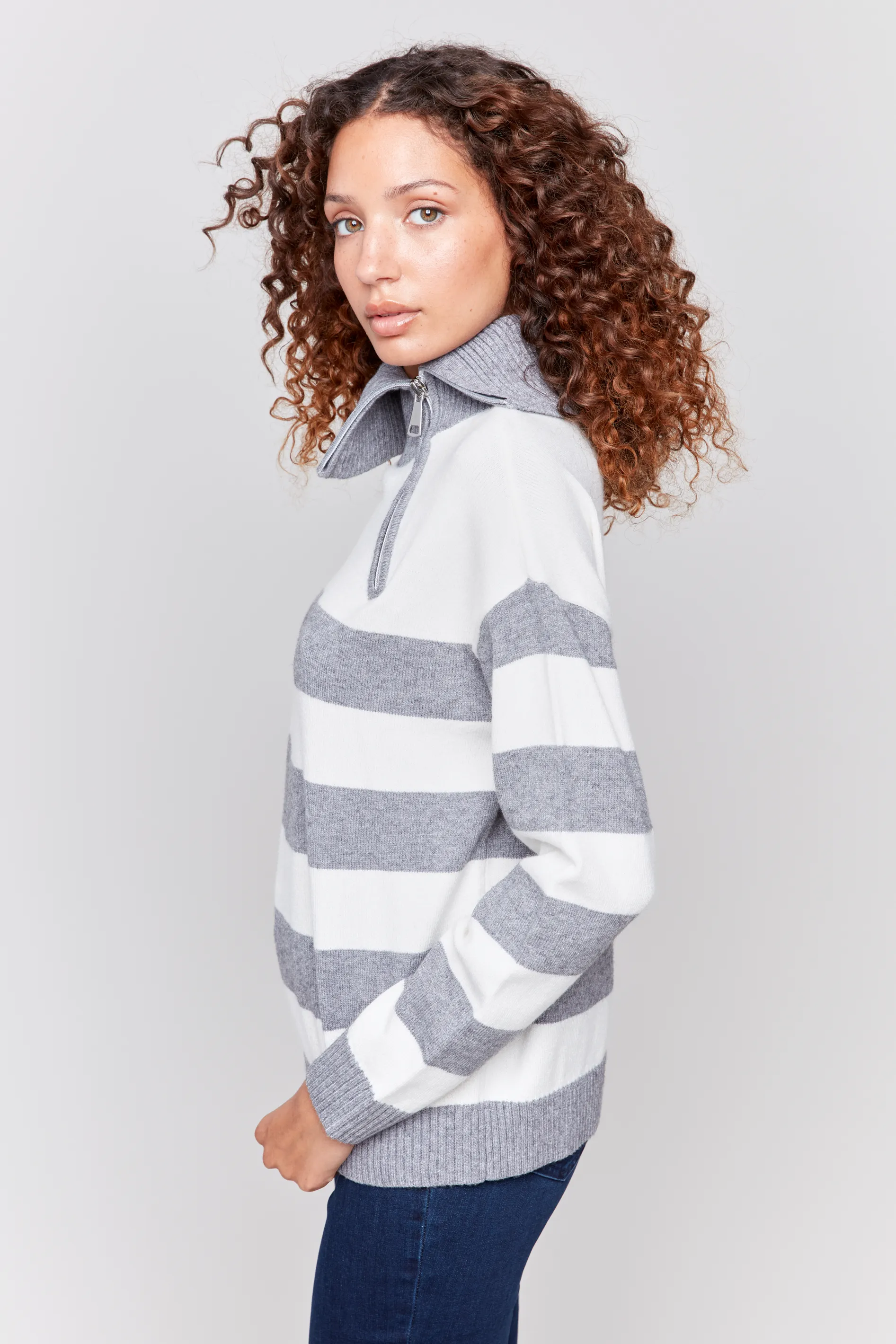 Yarn-Dye Stripe Zipped Turtle Neck Sweater