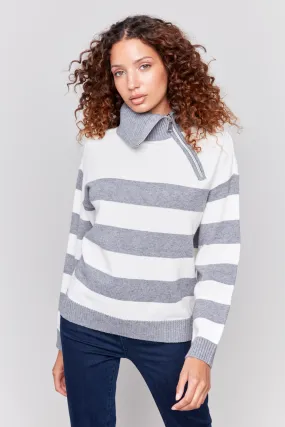 Yarn-Dye Stripe Zipped Turtle Neck Sweater