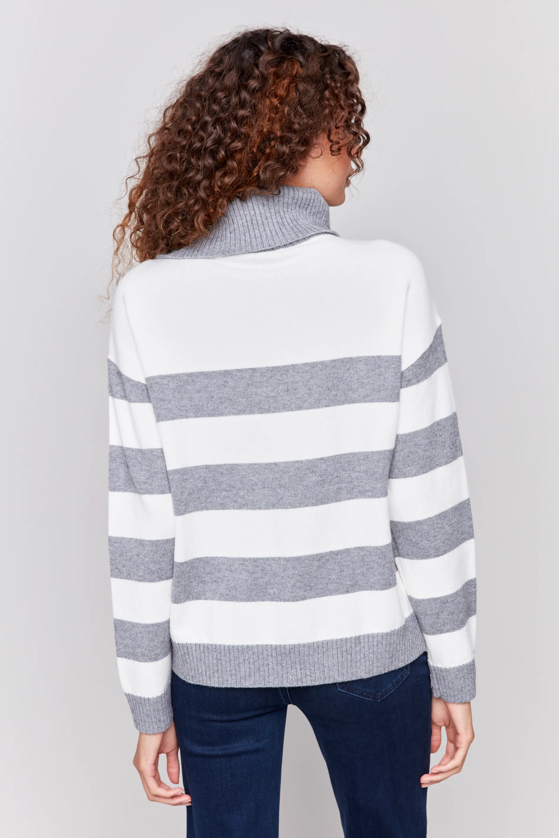 Yarn-Dye Stripe Zipped Turtle Neck Sweater