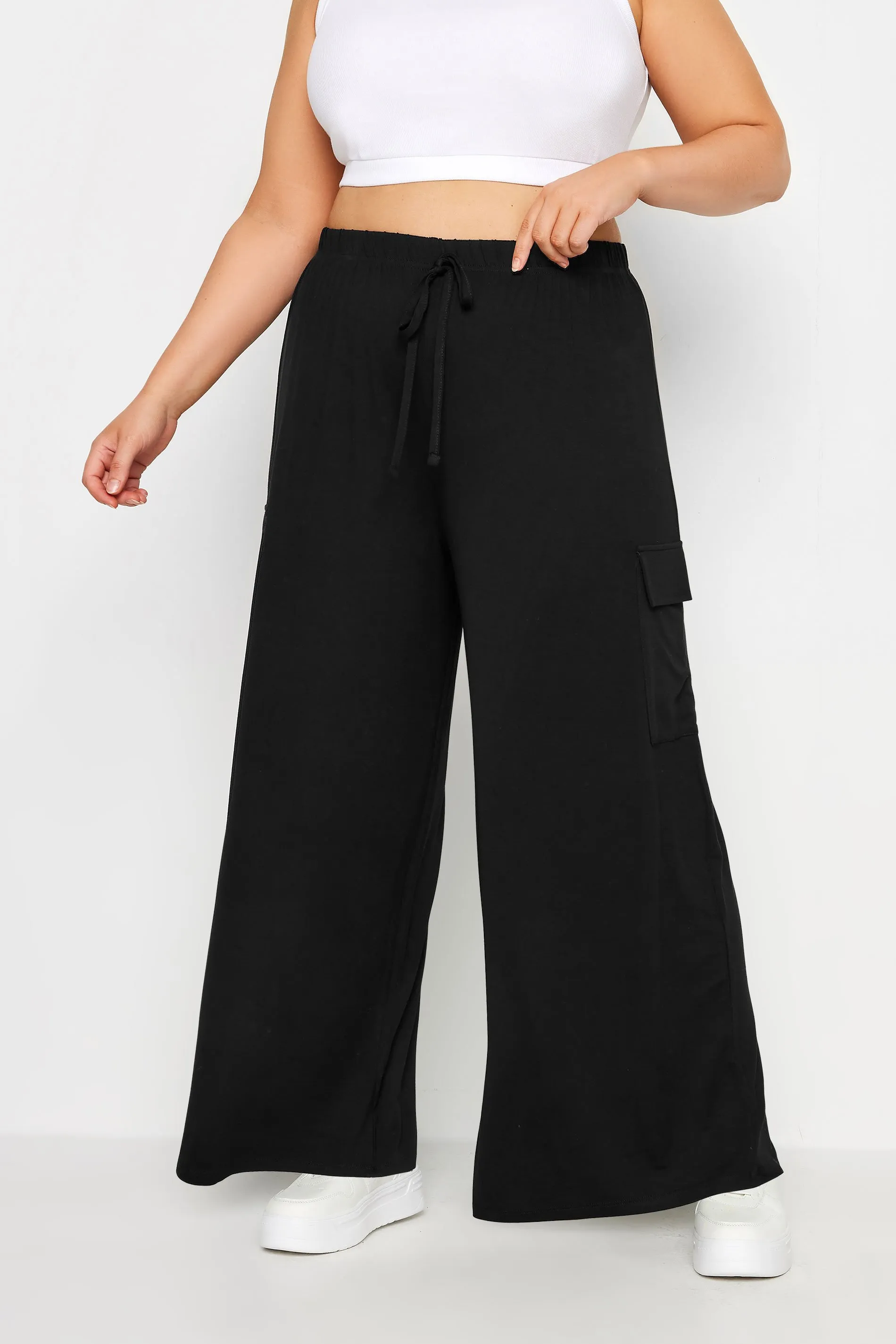 YOURS Curve Black Jersey Wide Leg Cargo Trousers