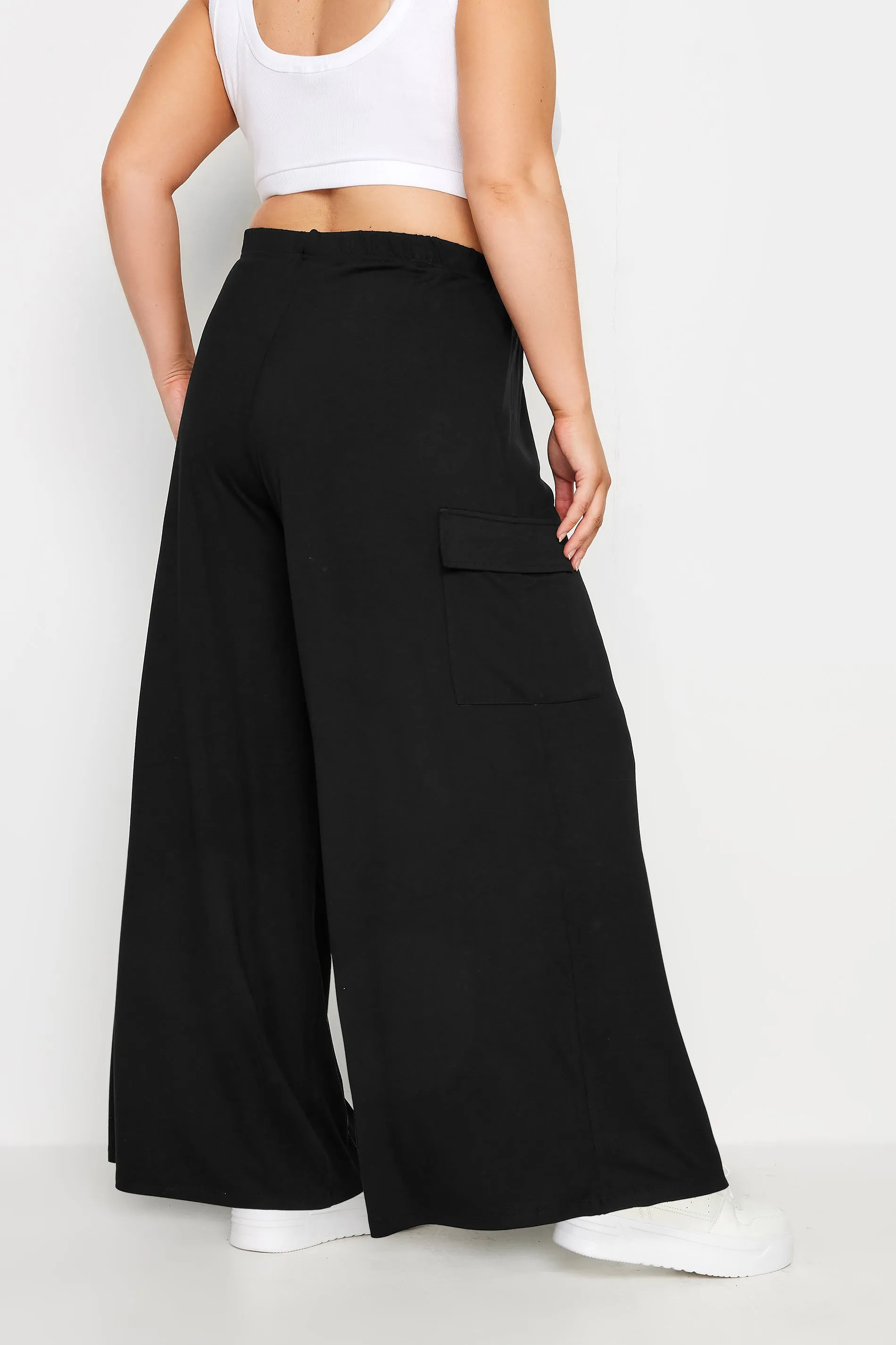 YOURS Curve Black Jersey Wide Leg Cargo Trousers