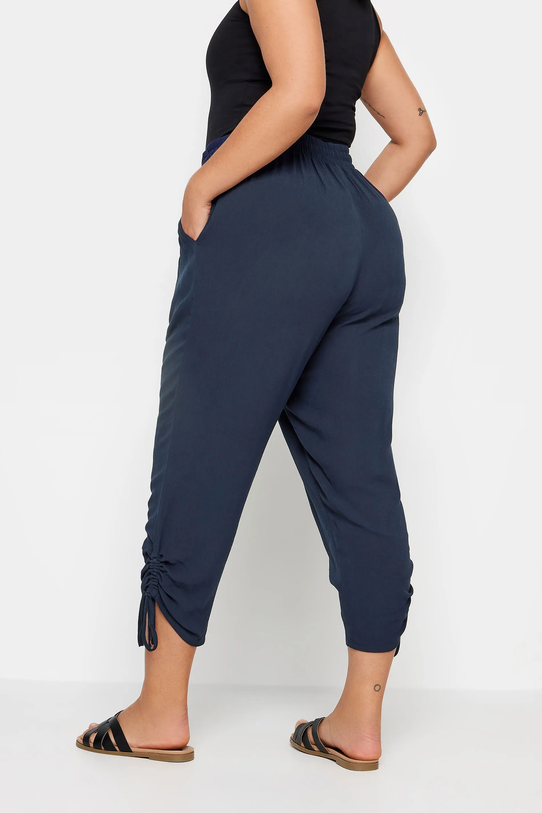 YOURS Curve Navy Blue Crinkle Ruched Cropped Trousers