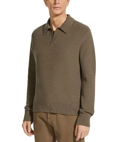 Zegna Melange Oasi Cashmere Textured Long Sleeve Polo Shirt